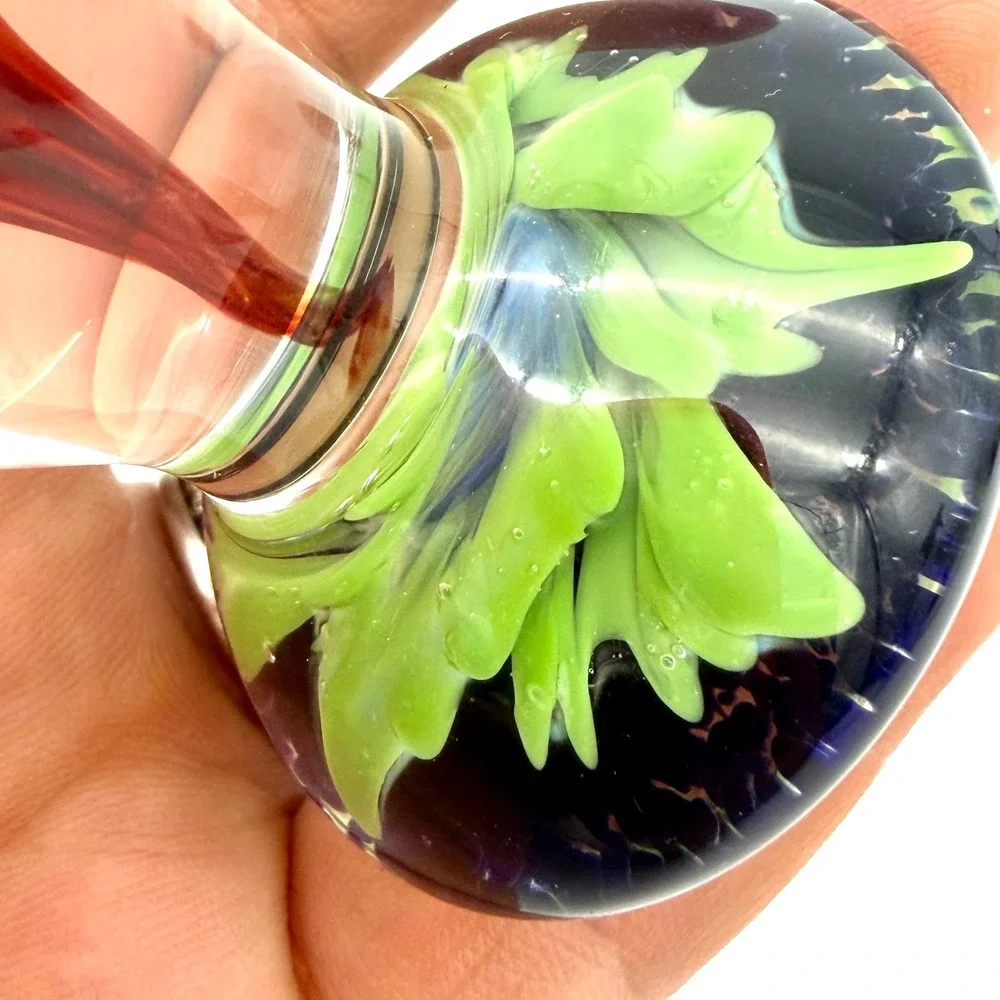 Artisan Glass Paperweight Red Lampwork Flower Green‎ Ruffled Base Blue Speckled